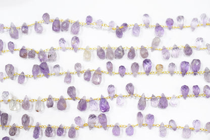 Pink Amethyst Hand Cut Drops Shape Rosary Beaded Chain , 8 mm , RB-6524