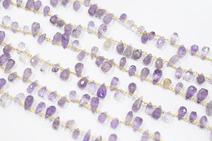 Pink Amethyst Hand Cut Drops Shape Rosary Beaded Chain , 8 mm , RB-6524