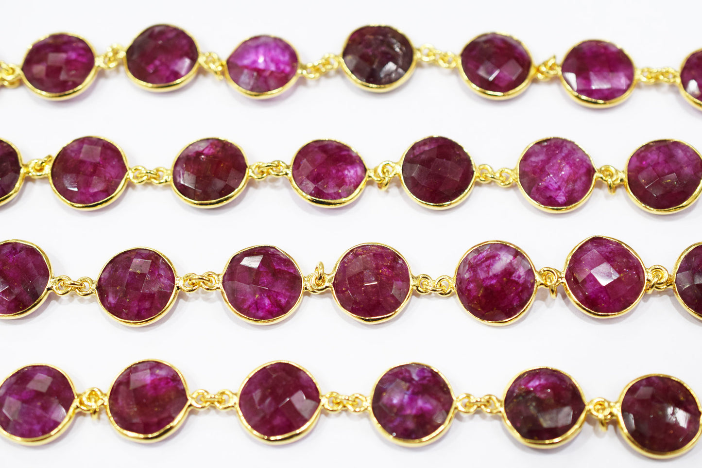 Dyed Ruby Beryl Faceted Coin Shape Connector Chain , 14 mm , RB-6525