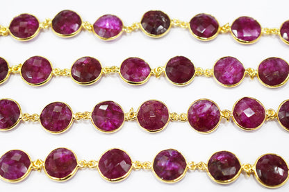 Dyed Ruby Beryl Faceted Coin Shape Connector Chain , 14 mm , RB-6525