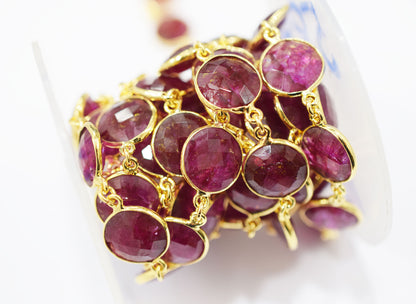 Dyed Ruby Beryl Faceted Coin Shape Connector Chain , 14 mm , RB-6525