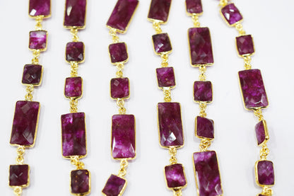 Dyed Ruby Beryl Faceted Baguette Shape Alternate Connector Chain , 11 - 22 mm , RB-6526