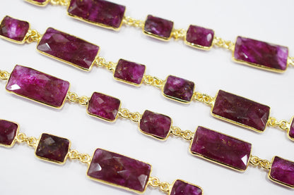Dyed Ruby Beryl Faceted Baguette Shape Alternate Connector Chain , 11 - 22 mm , RB-6526