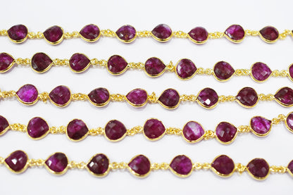 Dyed Ruby Beryl Faceted Heart Shape Connector Chain , 9 mm , RB-6527