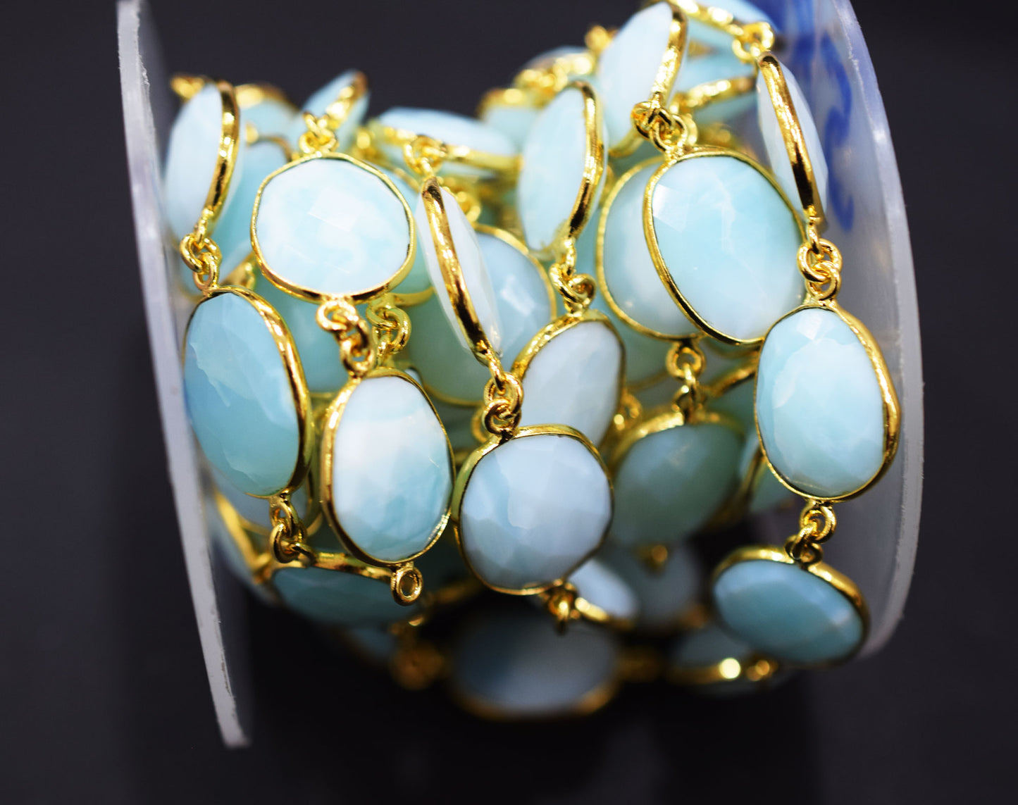 Natural Aqua Peruvian Opal Faceted Slice Shape Connector Chain , 12 - 14 mm , RB-6530