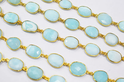 Natural Aqua Peruvian Opal Faceted Slice Shape Connector Chain , 12 - 14 mm , RB-6530