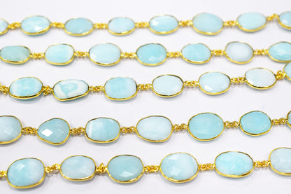 Natural Aqua Peruvian Opal Faceted Slice Shape Connector Chain , 12 - 14 mm , RB-6530
