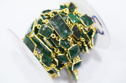 Dyed Emerald Faceted Baguette Shape Alternate Connector Chain , 11 - 22 mm , RB-6532