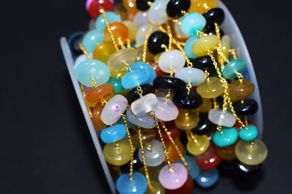 Multi Chalcedony Smooth Rondelle Shape Rosary Beaded Chain , Sold By Foot , 9 - 17 mm , RB-6533