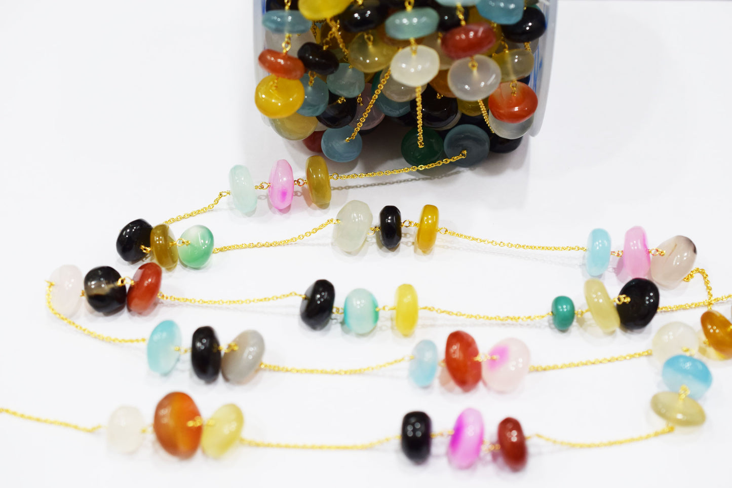 Multi Chalcedony Smooth Rondelle Shape Rosary Beaded Chain , Sold By Foot , 9 - 17 mm , RB-6533