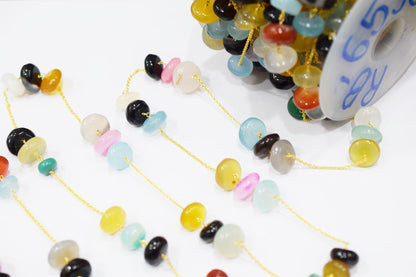 Multi Chalcedony Smooth Rondelle Shape Rosary Beaded Chain , Sold By Foot , 9 - 17 mm , RB-6533