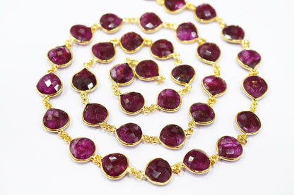 Dyed Ruby Beryl Faceted Heart Shape Connector Chain , 14 mm , RB-6537