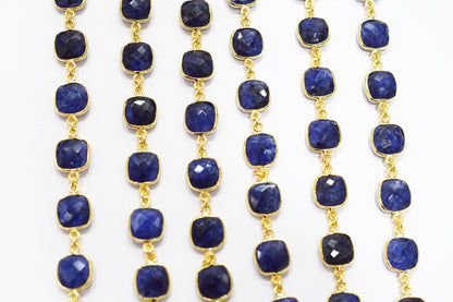 Dyed Sapphire Beryl Faceted Cushion Shape Connector Chain , 12 mm , RB-6539
