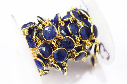 Dyed Sapphire Beryl Faceted Cushion Shape Connector Chain , 12 mm , RB-6539