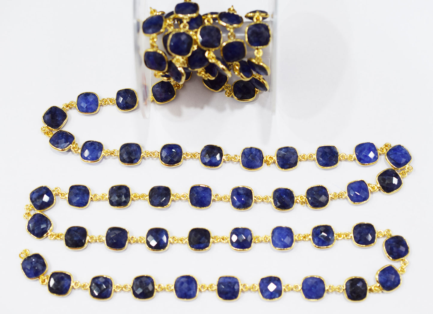Dyed Sapphire Beryl Faceted Cushion Shape Connector Chain , 12 mm , RB-6539