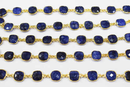 Dyed Sapphire Beryl Faceted Cushion Shape Connector Chain , 12 mm , RB-6539