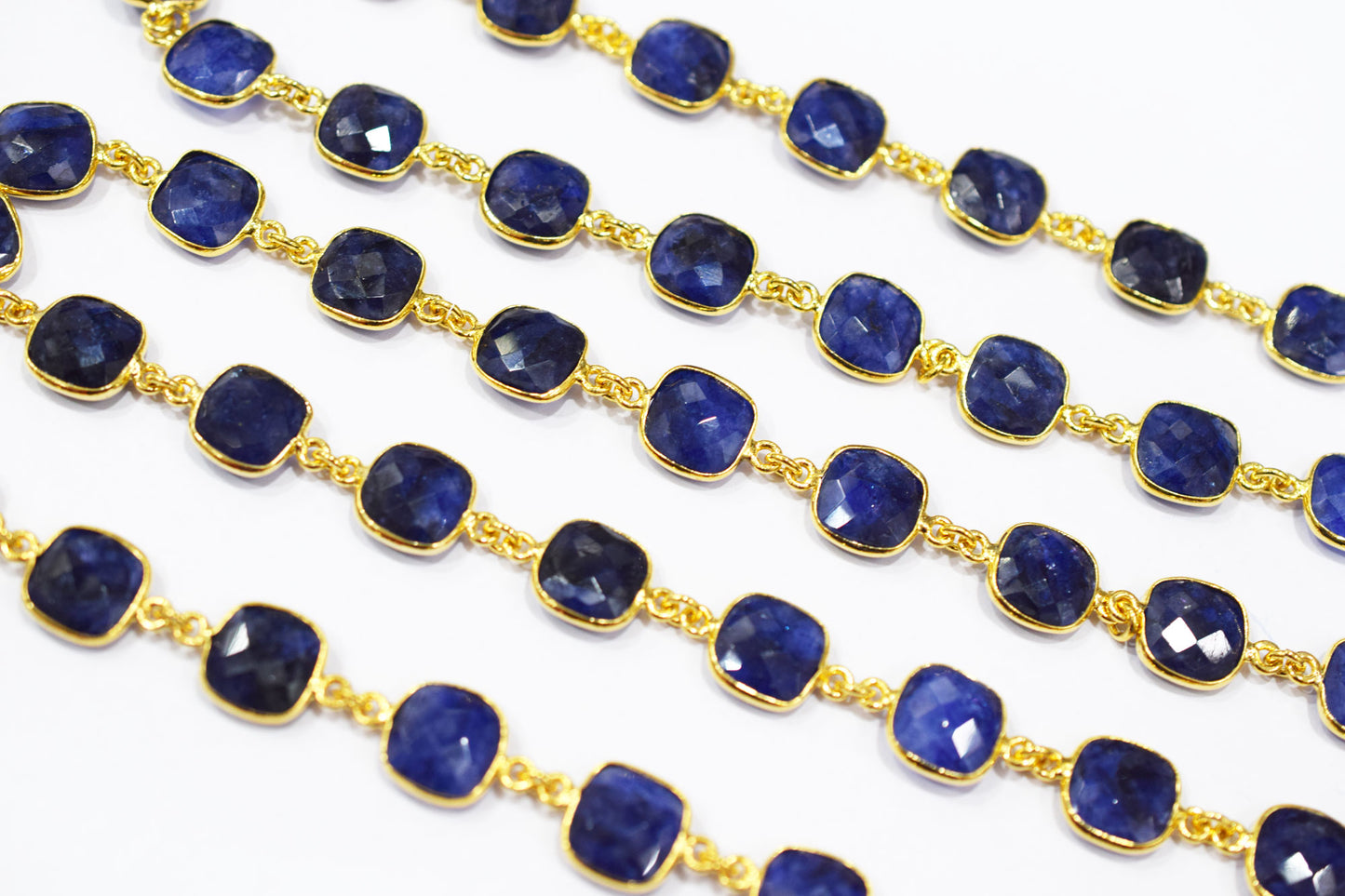 Dyed Sapphire Beryl Faceted Cushion Shape Connector Chain , 12 mm , RB-6539