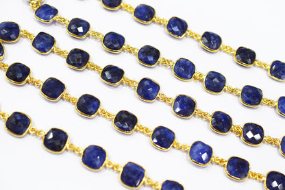 Dyed Sapphire Beryl Faceted Cushion Shape Connector Chain , 12 mm , RB-6539