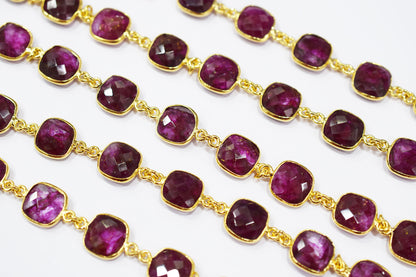 Dyed Ruby Beryl Faceted Cushion Shape Connector Chain , 12 mm , RB-6541