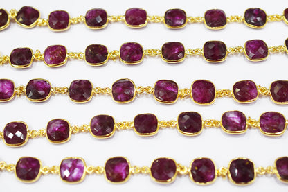 Dyed Ruby Beryl Faceted Cushion Shape Connector Chain , 12 mm , RB-6541