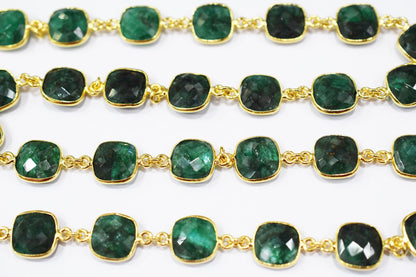 Dyed Emerald Faceted Cushion Shape Connector Chain , 12x12 mm , RB-6542