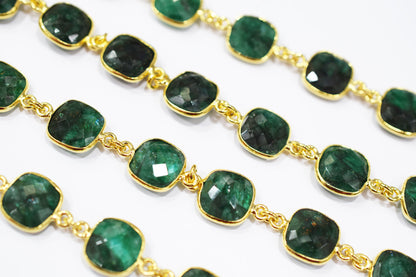 Dyed Emerald Faceted Cushion Shape Connector Chain , 12x12 mm , RB-6542