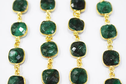 Dyed Emerald Faceted Cushion Shape Connector Chain , 12x12 mm , RB-6542