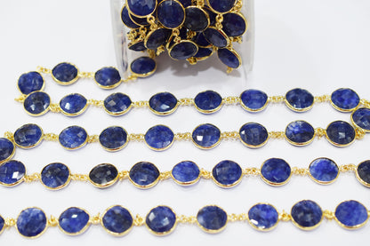 Dyed Sapphire Beryl Faceted Coin Shape Connector Chain , 12 mm , RB-6543