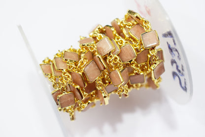 Peach Aventurine Square Cut Shape Connector Chain , 8 mm , RB-6545