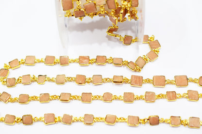 Peach Aventurine Square Cut Shape Connector Chain , 8 mm , RB-6545