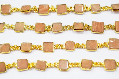 Peach Aventurine Square Cut Shape Connector Chain , 8 mm , RB-6545