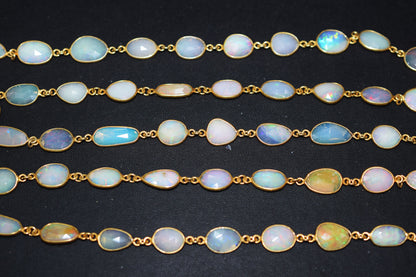 Ethiopian Opal Slice Shape Connector Chain , 8 - 10 mm , RB-6554