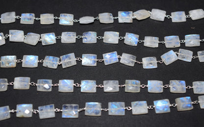 Rainbow Moonstone Faceted Chicklet Shape Rosary Beaded Chain , 8x10 mm , RB-6573