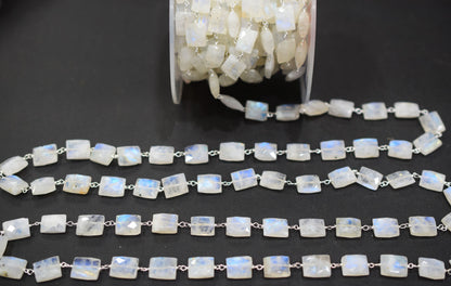 Rainbow Moonstone Faceted Chicklet Shape Rosary Beaded Chain , 8x10 mm , RB-6573