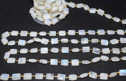 Rainbow Moonstone Faceted Chicklet Shape Rosary Beaded Chain , 8x10 mm , RB-6573