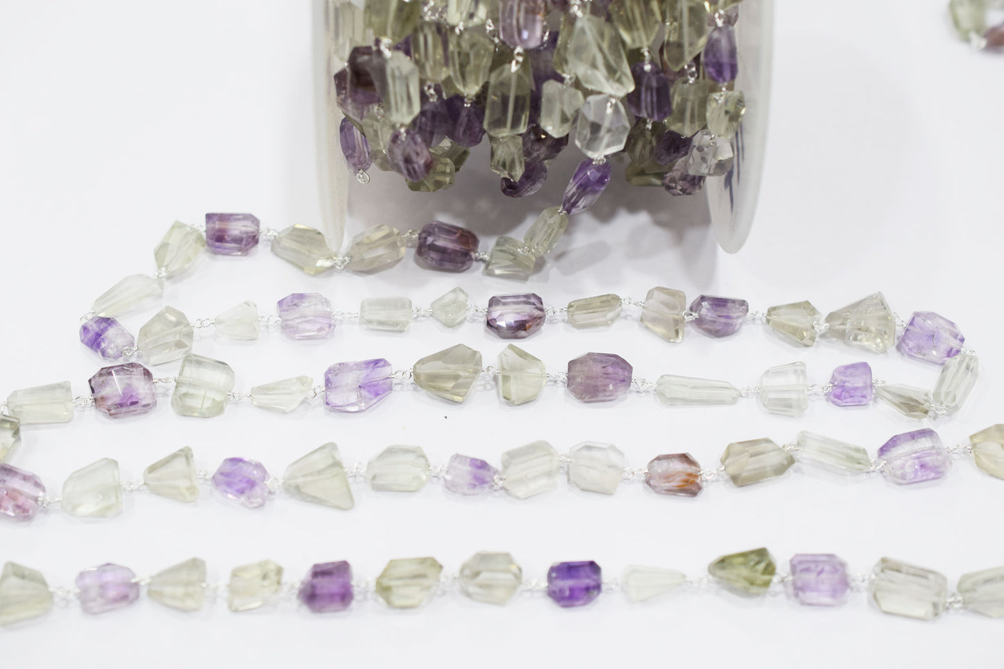 Pink Amethyst Faceted Laser Cut Nuggets Shape Rosary Beaded Chain , Green Amethyst Wire Wrapped Chain , 11 - 18 mm , RB-6574