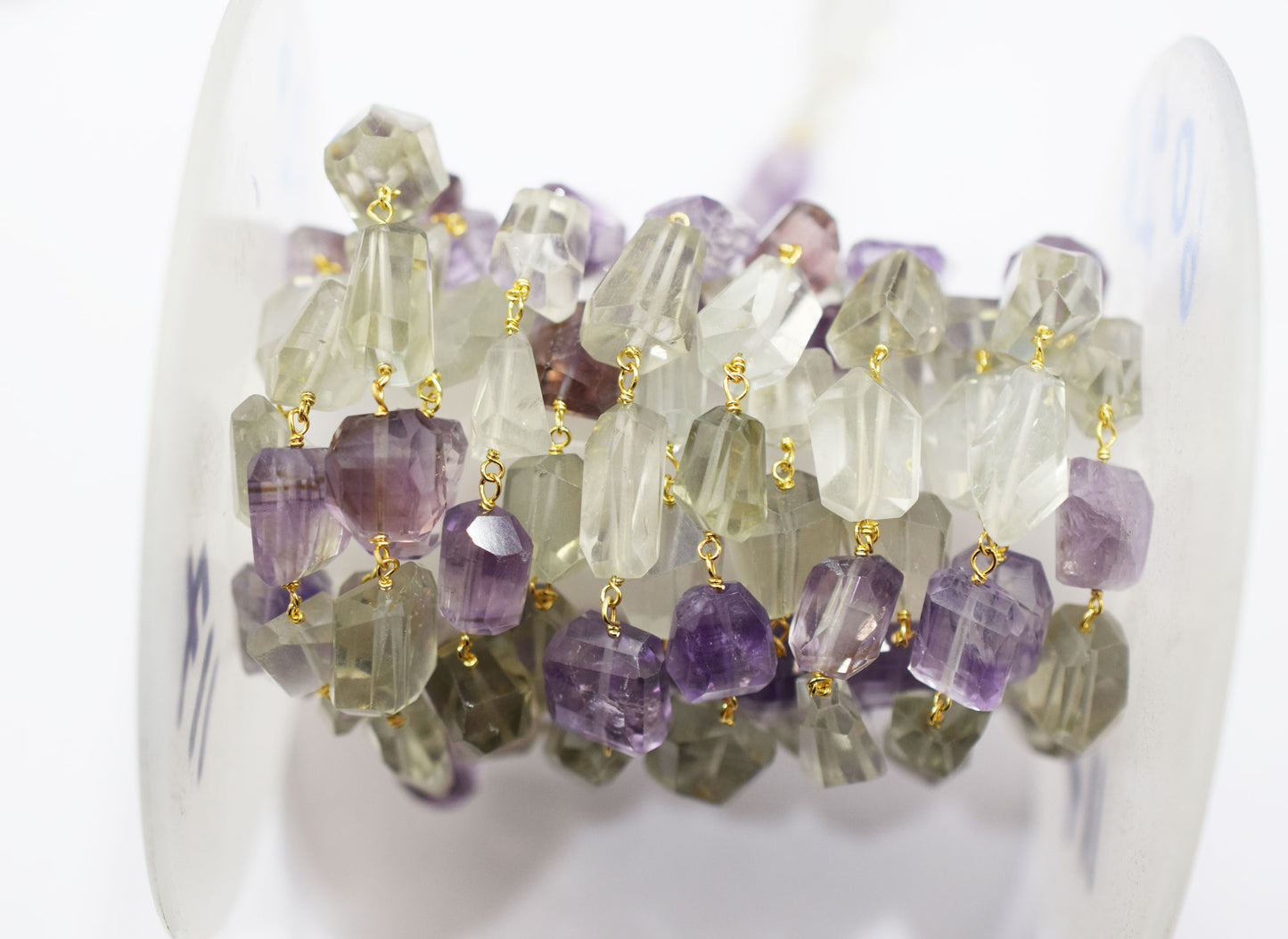Pink Amethyst Faceted Laser Cut Nuggets Shape Rosary Beaded Chain , Green Amethyst Wire Wrapped Chain , 11 - 18 mm , RB-6574