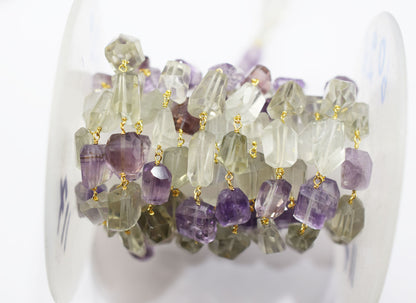 Pink Amethyst Faceted Laser Cut Nuggets Shape Rosary Beaded Chain , Green Amethyst Wire Wrapped Chain , 11 - 18 mm , RB-6574