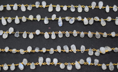 Organic Cut Rainbow Moonstone Faceted Tear Drops Shape Rosary Beaded Chain , 5x9 mm , RB-6575
