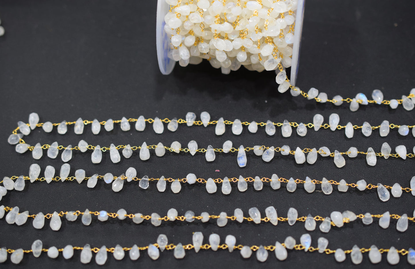 Organic Cut Rainbow Moonstone Faceted Tear Drops Shape Rosary Beaded Chain , 5x9 mm , RB-6575
