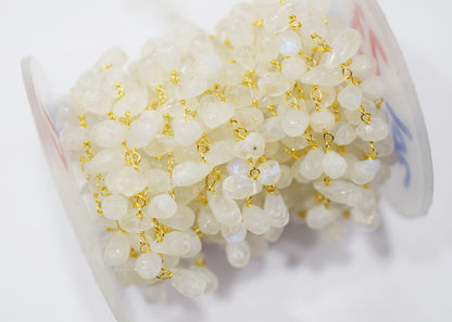 Organic Cut Rainbow Moonstone Faceted Tear Drops Shape Rosary Beaded Chain , 5x9 mm , RB-6575