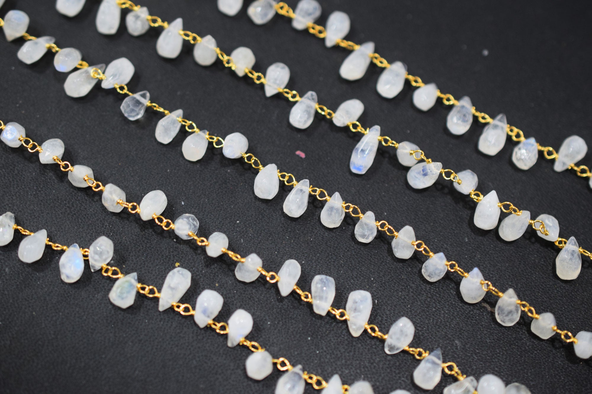 Organic Cut Rainbow Moonstone Faceted Tear Drops Shape Rosary Beaded Chain , 5x9 mm , RB-6575