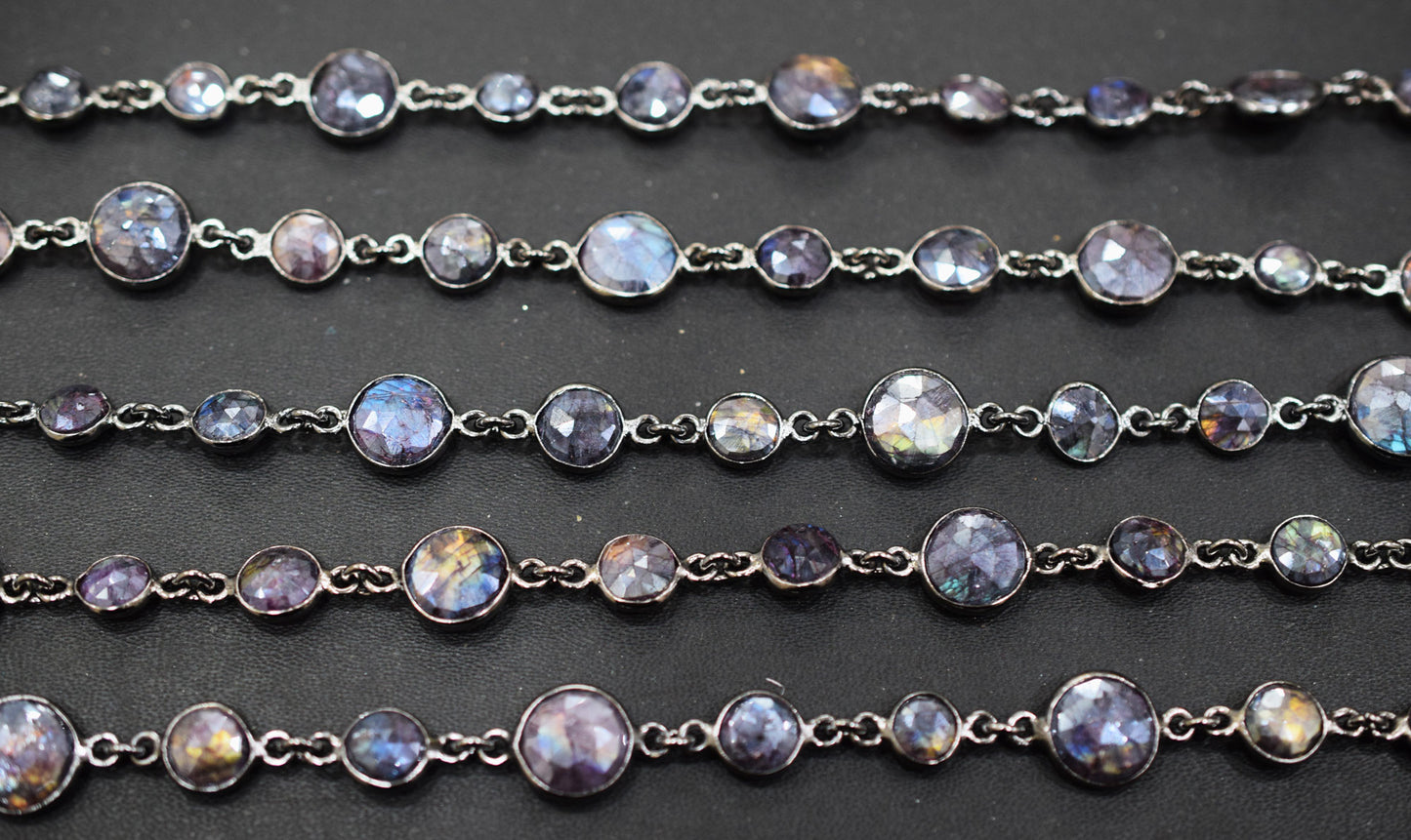 Mystic Coated Purple Labradorite Faceted Coin Shape Connector Chain , 7 - 11 mm , RB-6582