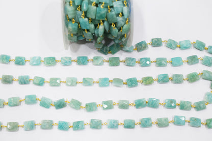 Amazonite Faceted Cushion Shape Rosary Beaded Chain , 9x10 mm , RB-6585