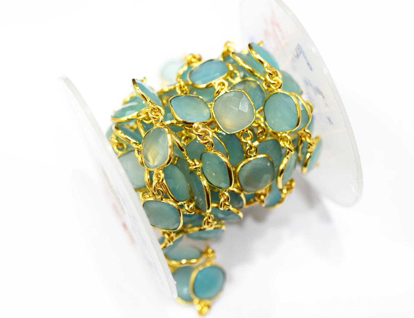 Aqua Chalcedony Faceted Cushion Shape Connector Chain , 12x12 mm , RB-6589