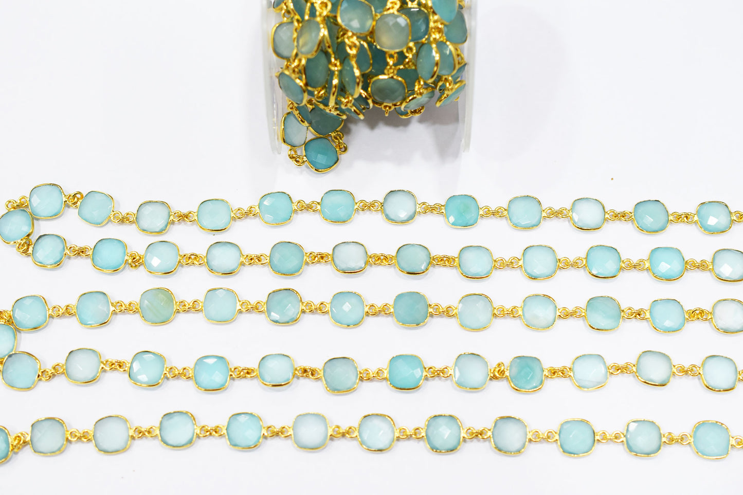 Aqua Chalcedony Faceted Cushion Shape Connector Chain , 12x12 mm , RB-6589