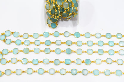 Aqua Chalcedony Faceted Cushion Shape Connector Chain , 12x12 mm , RB-6589
