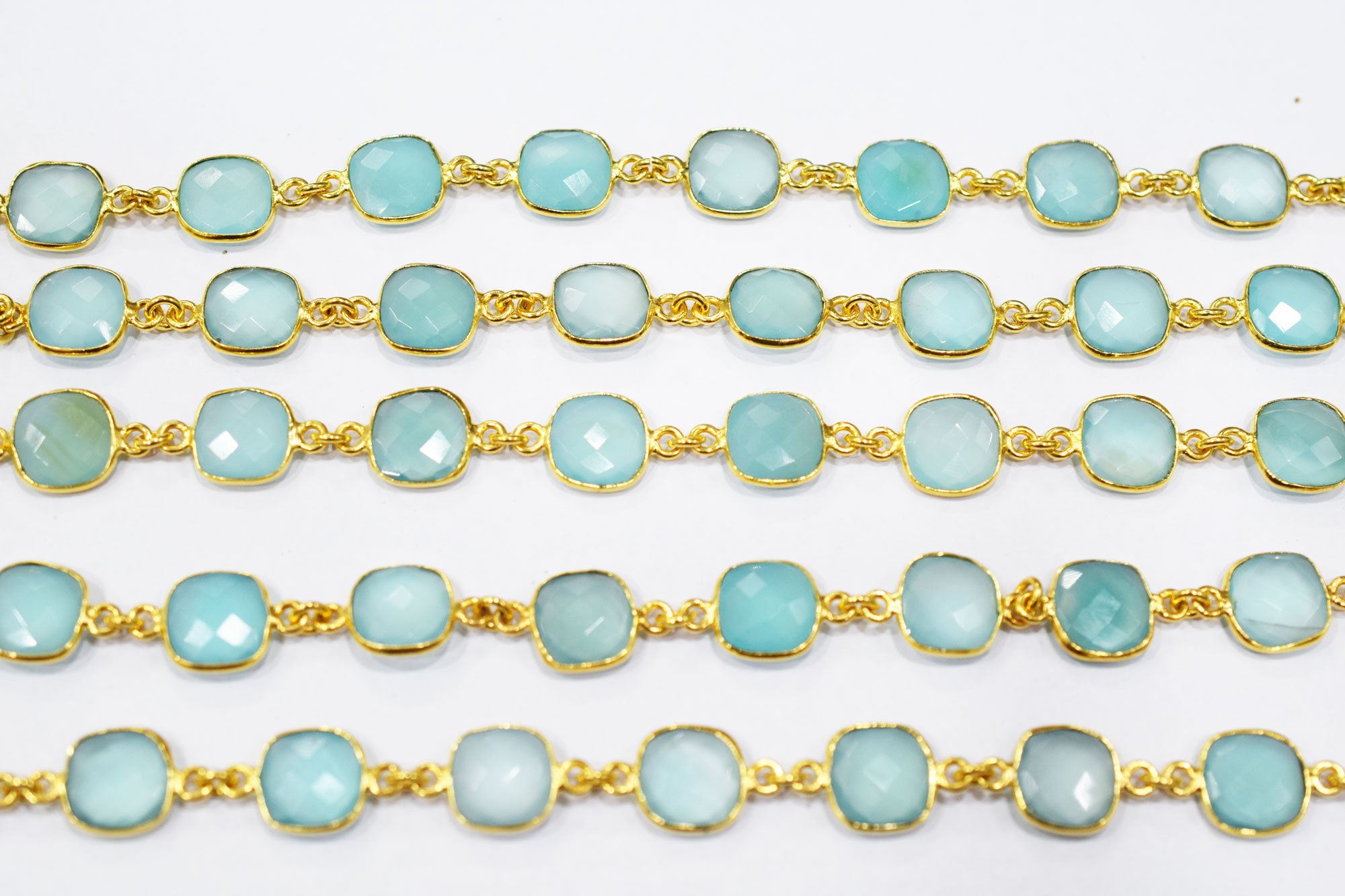 Aqua Chalcedony Faceted Cushion Shape Connector Chain , 12x12 mm , RB-6589