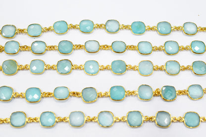 Aqua Chalcedony Faceted Cushion Shape Connector Chain , 12x12 mm , RB-6589