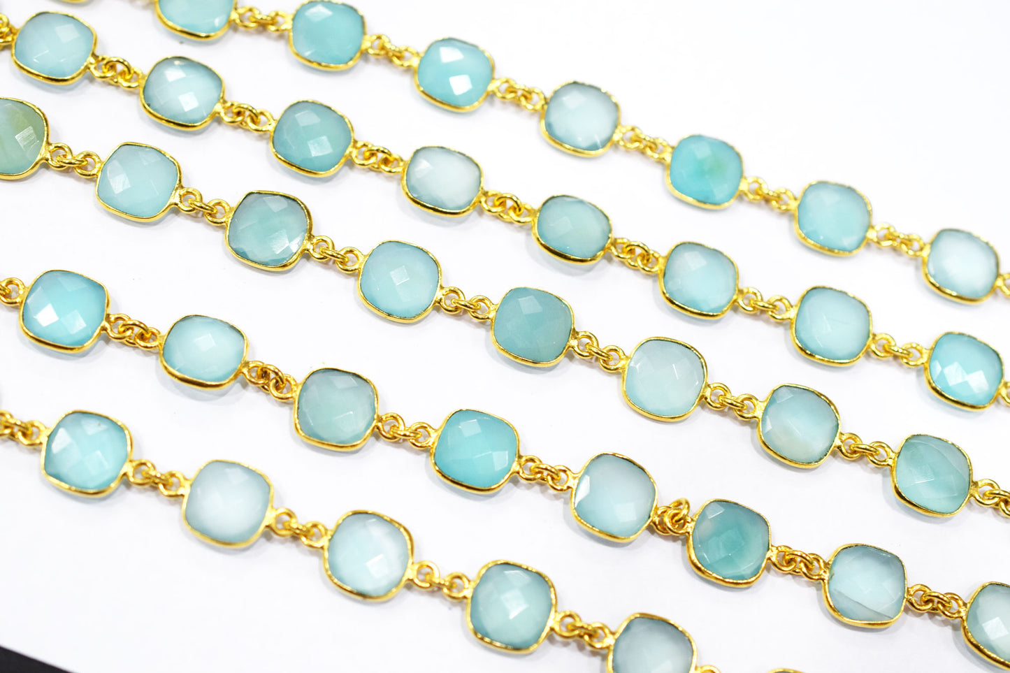 Aqua Chalcedony Faceted Cushion Shape Connector Chain , 12x12 mm , RB-6589